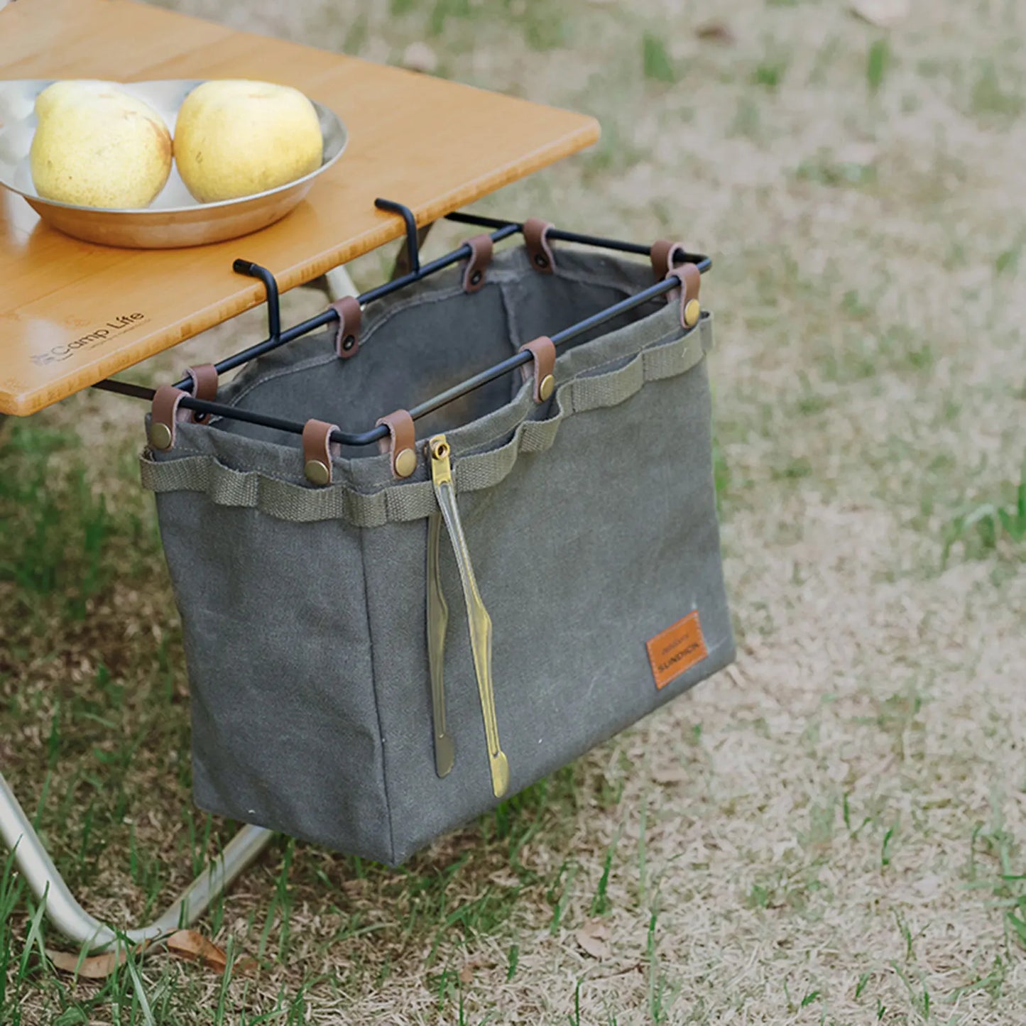 Camping Table Side Storage Bag Multifunctional Folding Canvas Bag with Hook Outdoor Picnic Desk Cookware Hanging Large Capacity