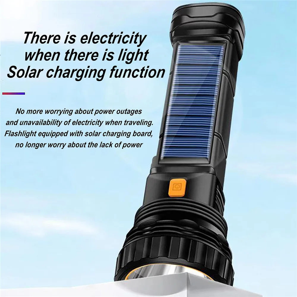 Solar LED Flashlight Waterproof Outdoor Flash Light 1000 Lumens Rechargeable Solar/USB Charging Emergency Supply Strobe Light