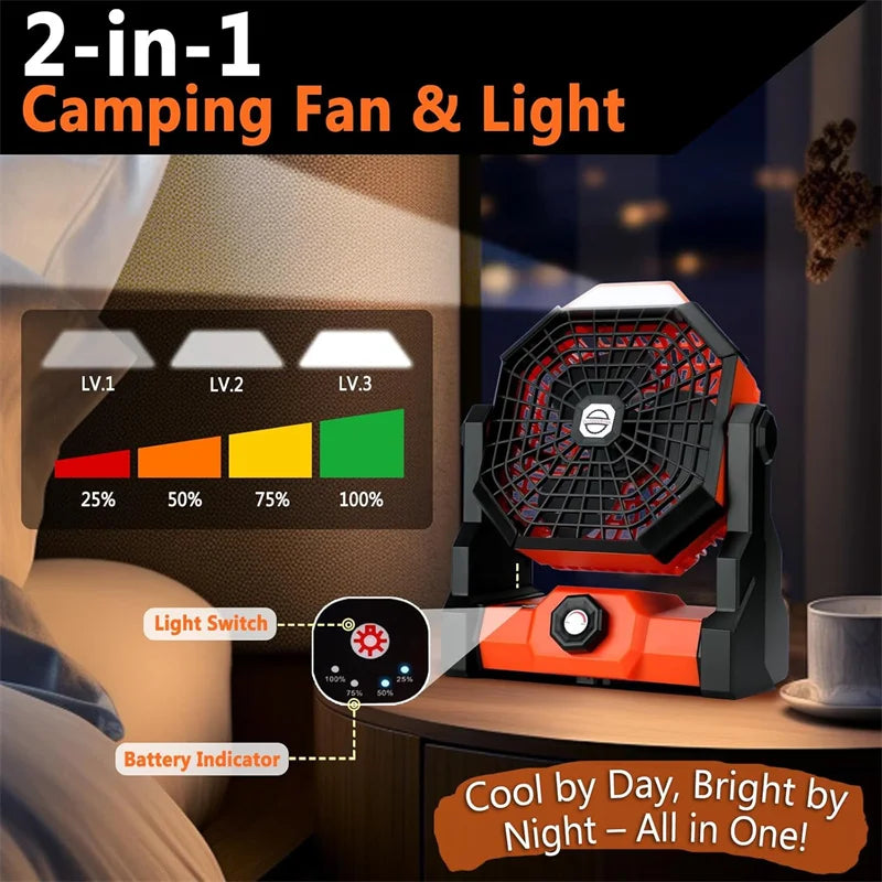 Camping Fan Rechargeable Portable Battery Operated Camping Fan for Tents,Hangable USB Silent Camping Fans with LED Light