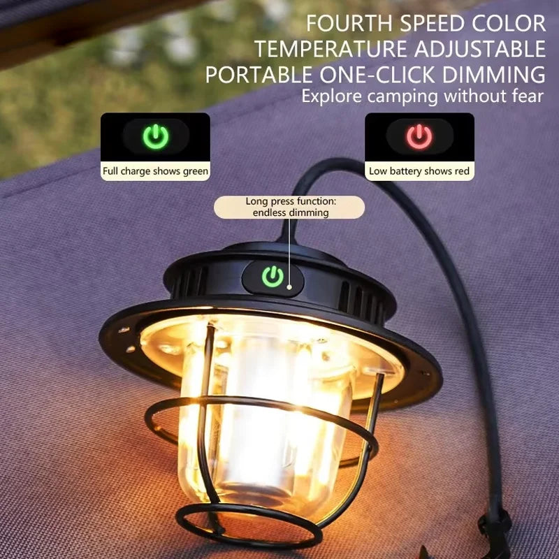 Camping Lamp LED Retro Hanging Lamp Portable Stepless Dimming Camping Light Waterproof Rechargeable Outdoor Light Hand Lantern