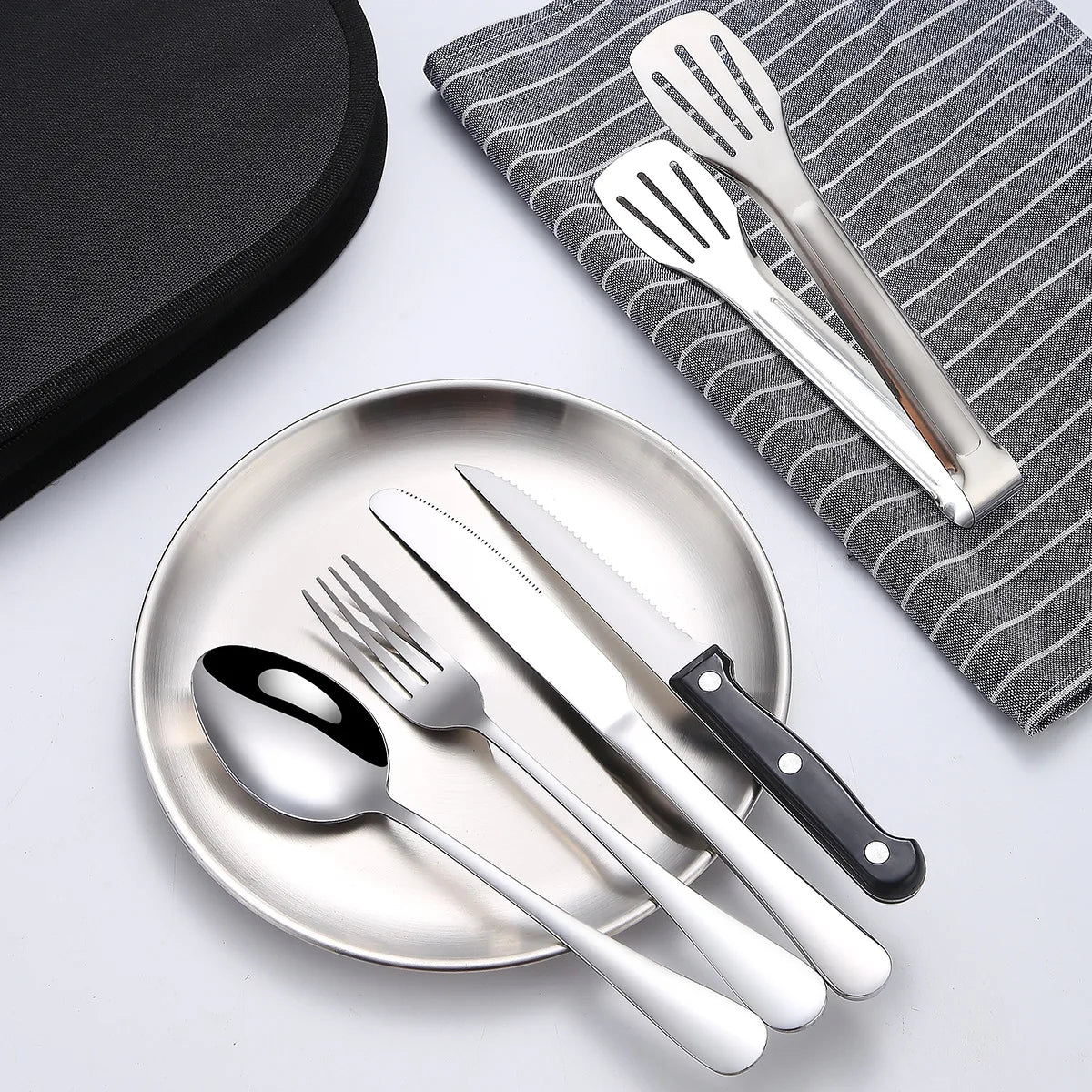 10/20Pcs Outdoor Camping Cutlery Organizer Utensil Picnic portable Set Stainless Steel Plate Spoon Knife Fork Tongs Hiking