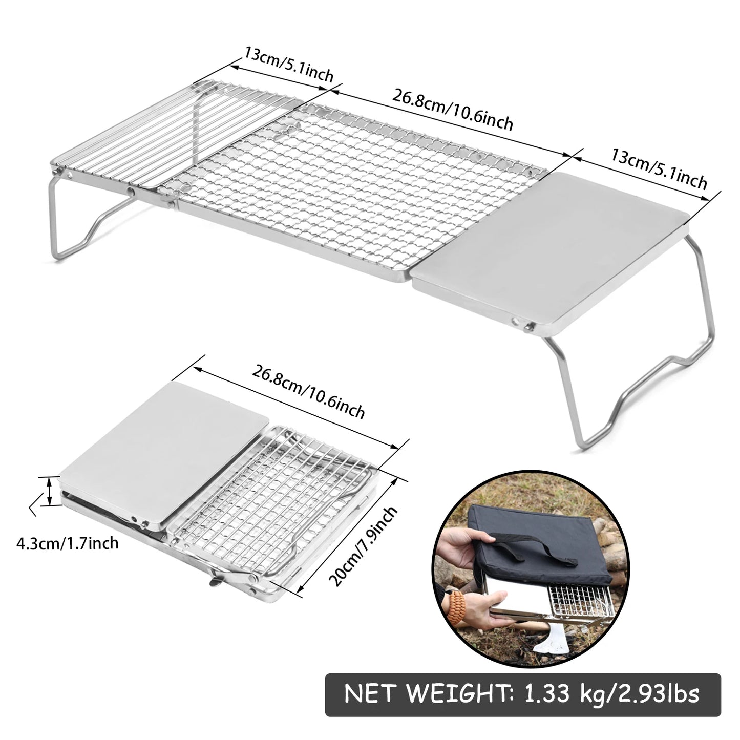 Folding Campfire Grill, Portable Camping Grill Grate, 304 Stainless Steel Camp Fire Cooking Racks for Compact Storage