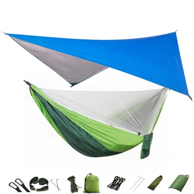 Camping Hammock with Mosquito Net and Rain Fly Tarp,Portable Parachute Tree Hammock Nylon Swing Hammocks Sun Shelter Rain Fly