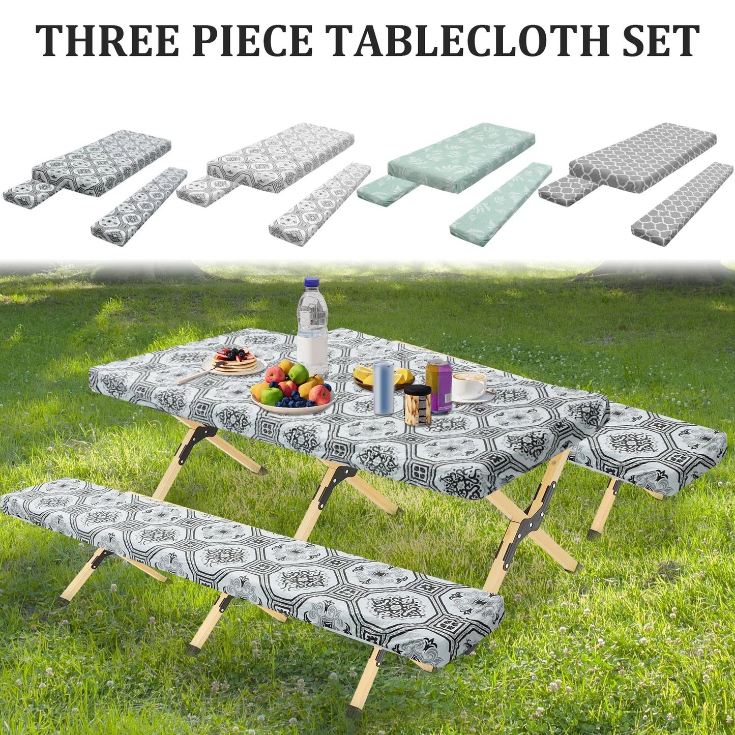 Tablecloth Bench Cover PVC Waterproof Camping Tablecloth Kit With Elastic Edge Picnic Table Cover Decoration for Outdoor Garden