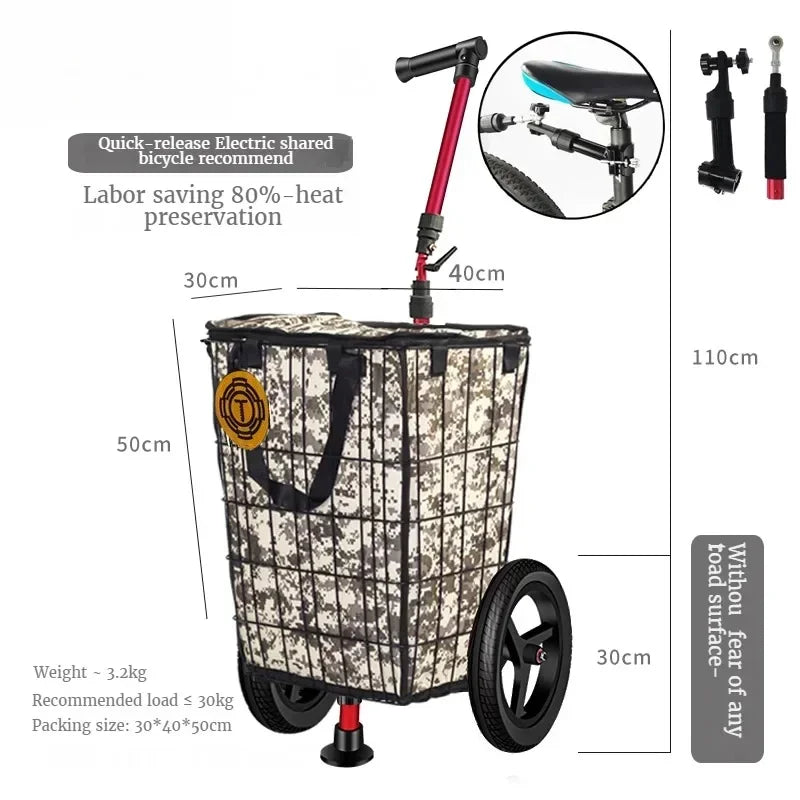 Outdoors Rear Mounted Campsite Vehicle Continuous Bicycle Trailer Silent Tires Camping Storage Natural Hiking Accessories