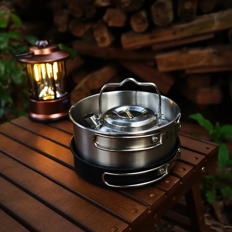 Camping Cookware Stainless Steel Set Outdoor Hiking Portable Picnic Tableware Kit Pot Frying Pan Kettle Set For Outdoor Cooking