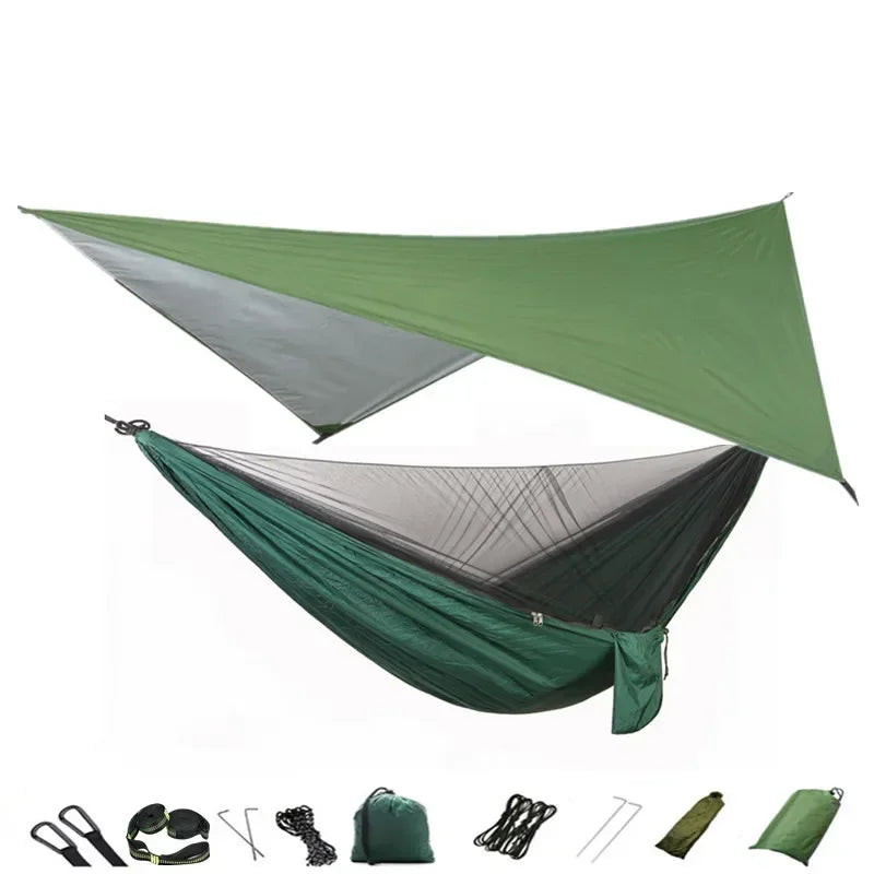 Camping Hammock with Mosquito Net and Rain Fly Tarp,Portable Parachute Tree Hammock Nylon Swing Hammocks Sun Shelter Rain Fly