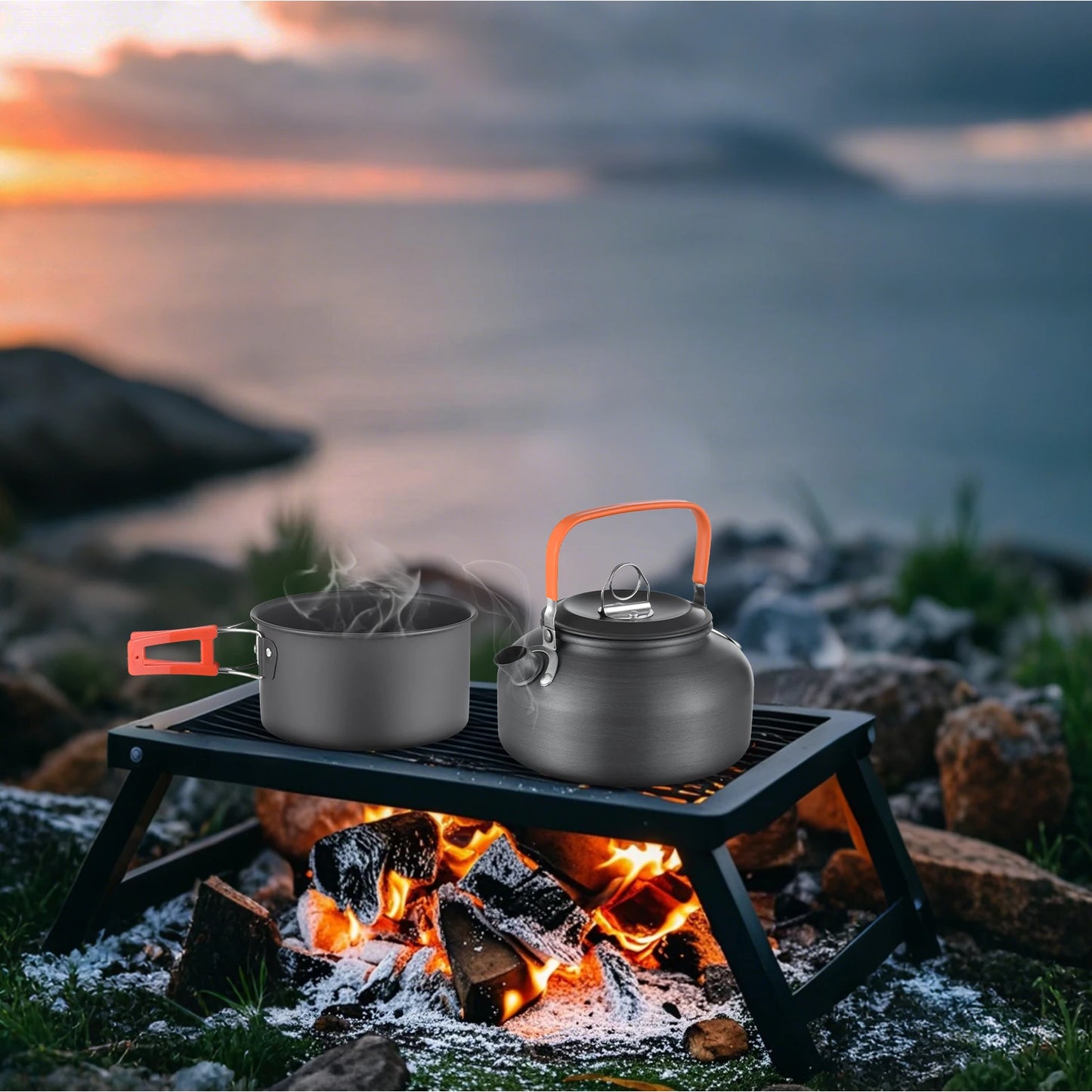 Outdoor Camping Cookware Set Portable Picnic Tableware Frying Pan Soup Pot Kettle Plate Knives Spoons Forks
