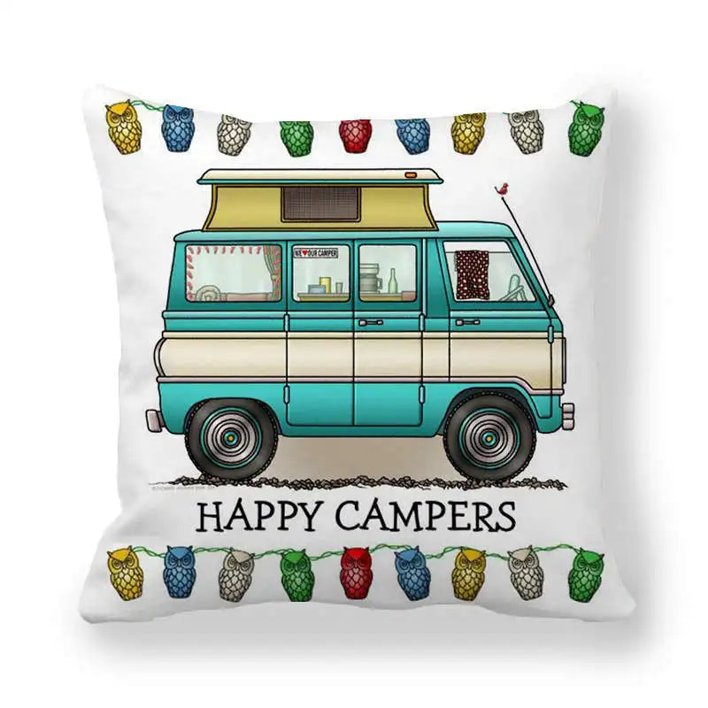 Happy Campers Car Cushion Cover Owl Outdoor Camping  Pillow  Sofa Decorative