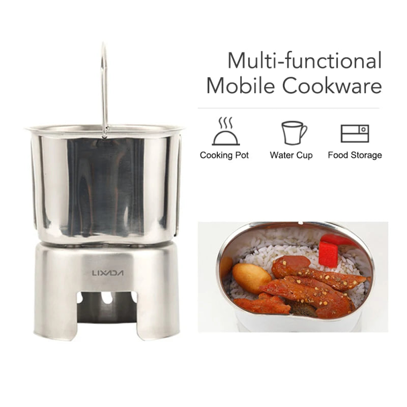 Camping Cookware Stainless Steel Canteen Cup Hanging Pot with Wood Stove Set for Outdoor Survival Backpacking Hiking Picnic