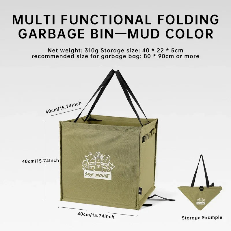 Foldable Camping Storage Bag, Heavy-Duty Canvas Trash Holder with Ground Pegs & Side Hooks, Portable Picnic Gear Organizer