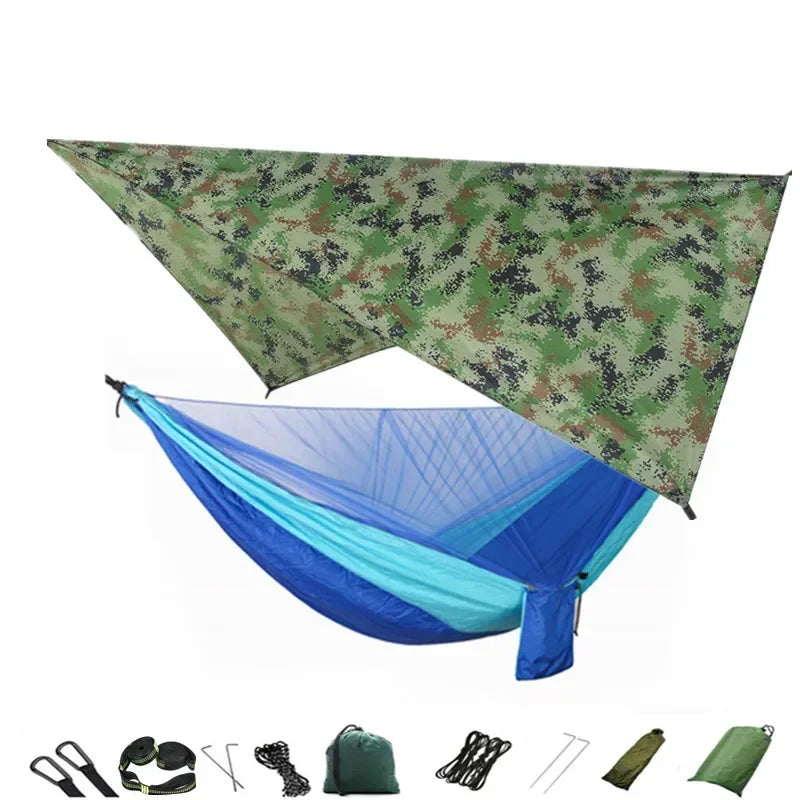 Camping Hammock with Mosquito Net and Rain Fly Tarp,Portable Parachute Tree Hammock Nylon Swing Hammocks Sun Shelter Rain Fly
