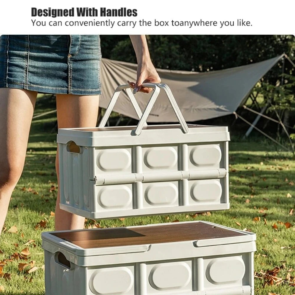 Outdoor Camping Folding Storage Box 35L Thickened Car Mounted Travel Food Foldable Organizing Tool with Carry Handle Wooden Lid