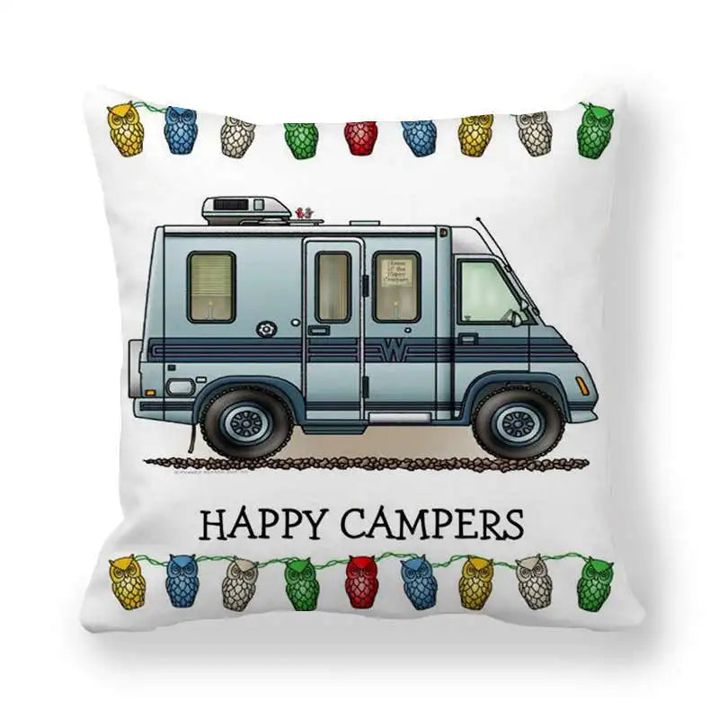 Happy Campers Car Cushion Cover Owl Outdoor Camping  Pillow  Sofa Decorative