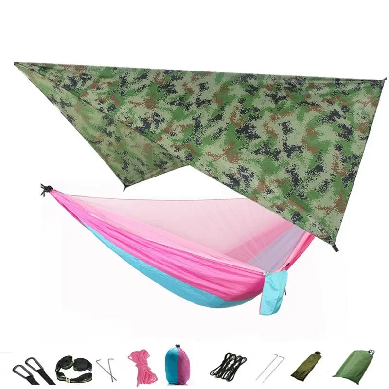 Camping Hammock with Mosquito Net and Rain Fly Tarp,Portable Parachute Tree Hammock Nylon Swing Hammocks Sun Shelter Rain Fly