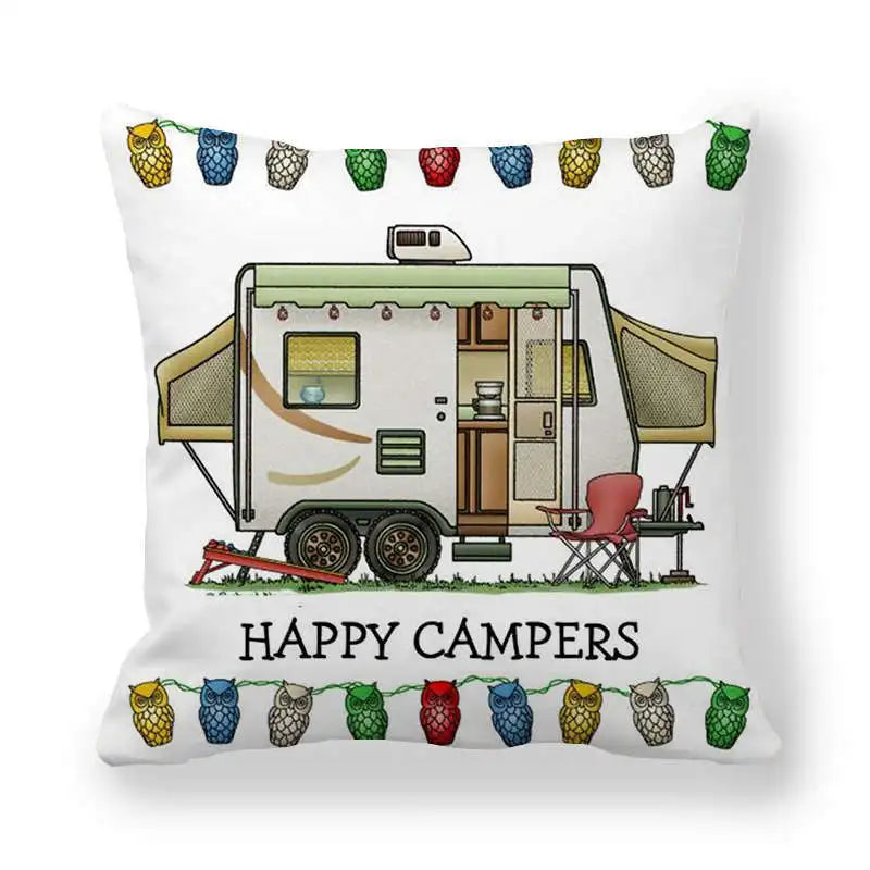 Happy Campers Car Cushion Cover Owl Outdoor Camping  Pillow  Sofa Decorative