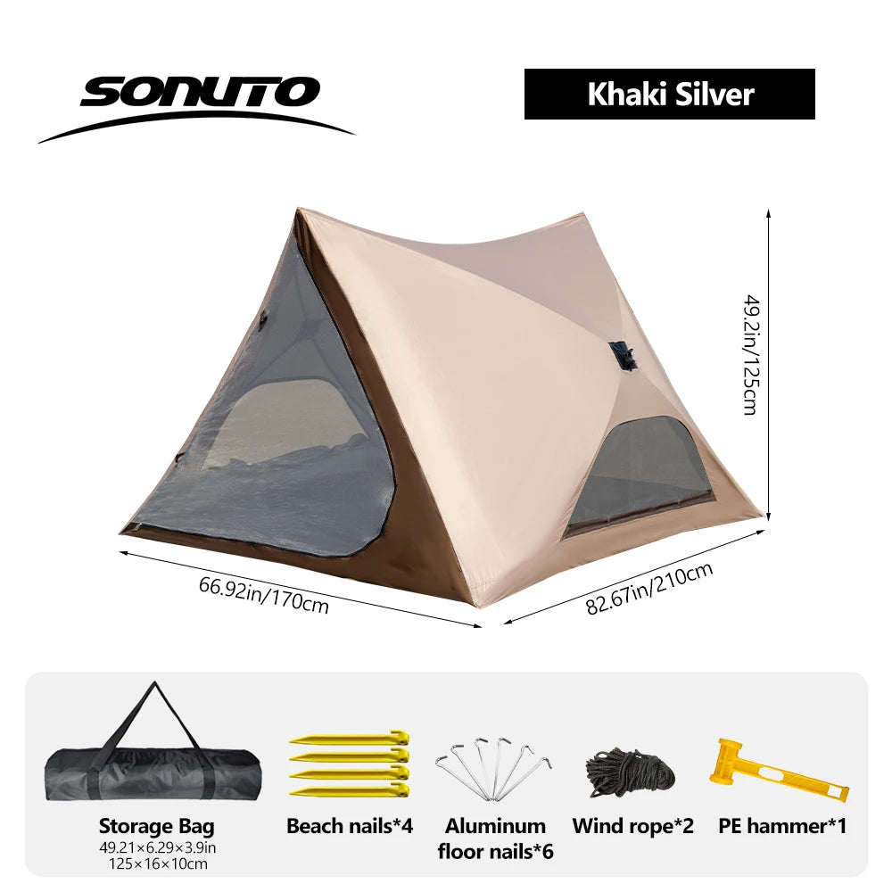 2-4 Person Camping Tent Quick Setup, Waterproof Windproof Sun Protection, Lightweight Portable for Beach Hiking, 210D Oxford