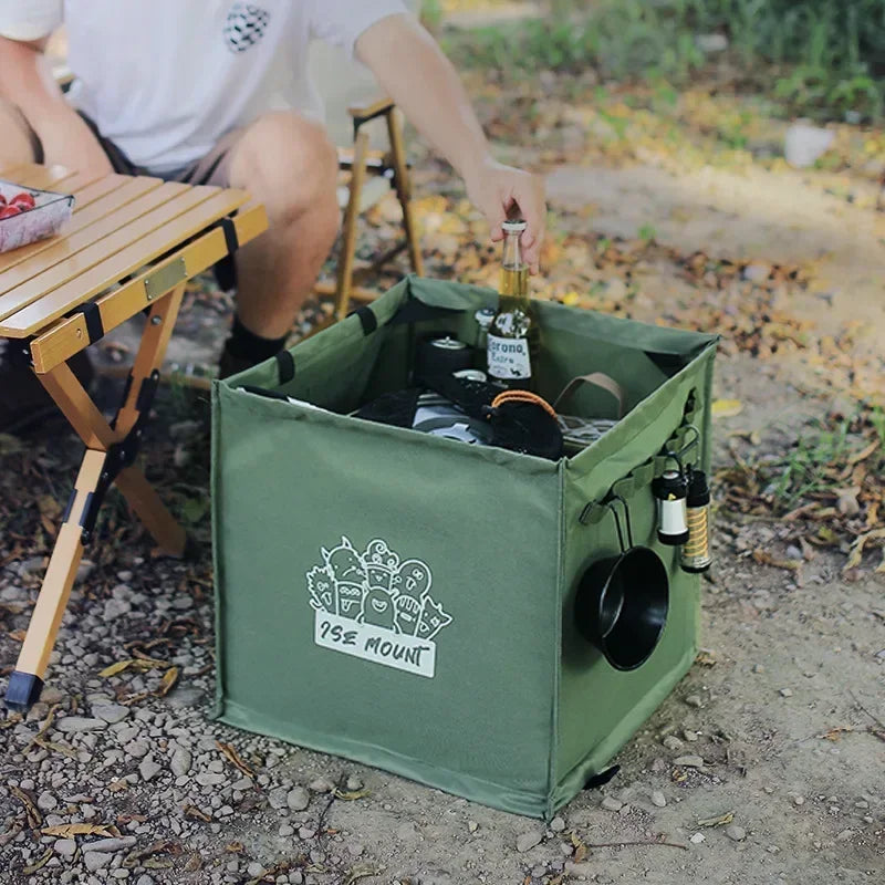 Foldable Camping Storage Bag, Heavy-Duty Canvas Trash Holder with Ground Pegs & Side Hooks, Portable Picnic Gear Organizer