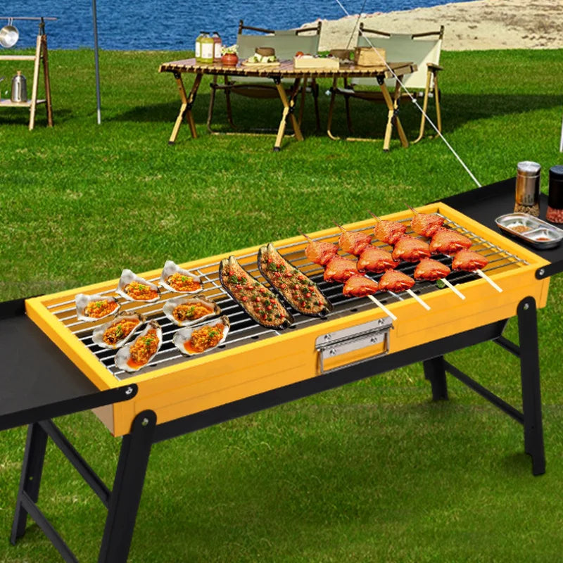 Camping Barbecue Grill, Foldable Portable Barbecue Grill for Outdoor, Camping & Courtyard Barbecue, with Extended Table Board