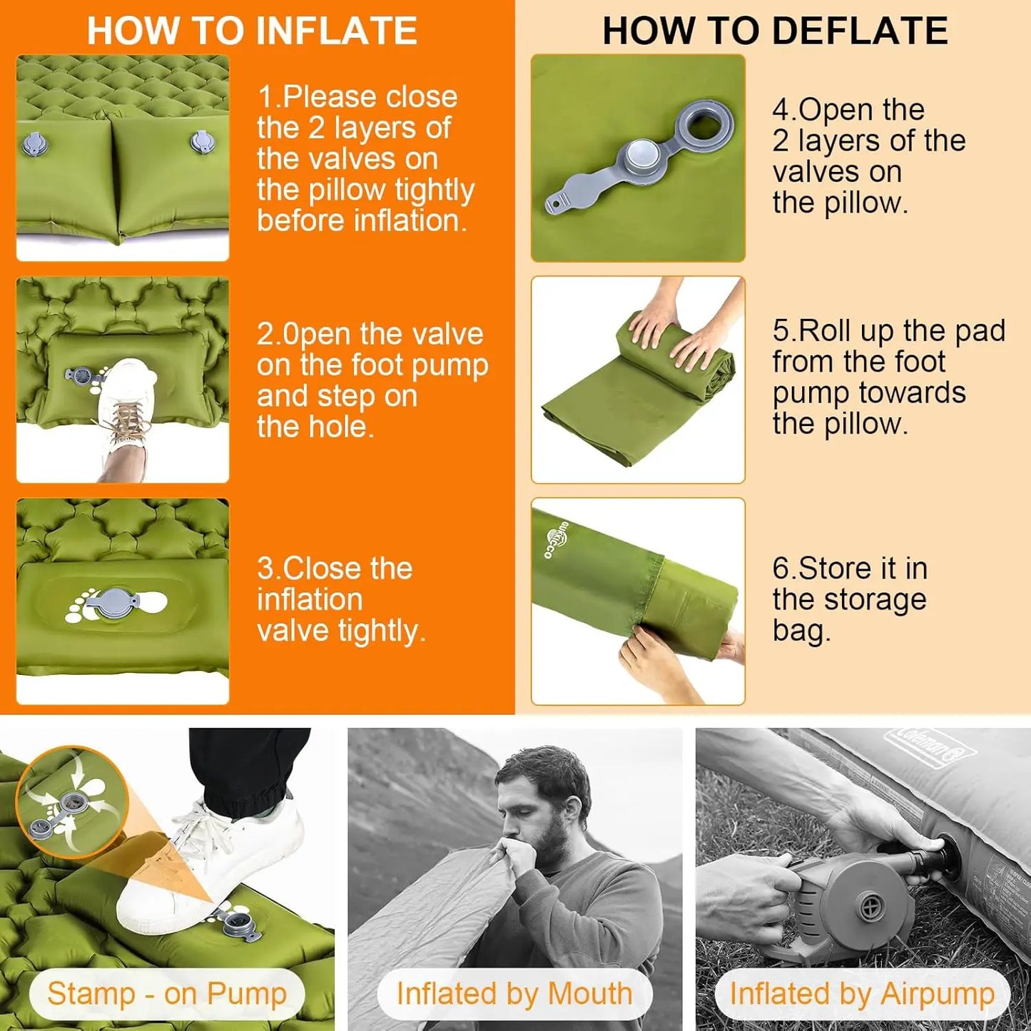 Camping Air Matt Double Sleeping Pad Inflatable Air Mat with Pillow Air Mattress Nature Hike Waterproof Folding Sleeping Mat