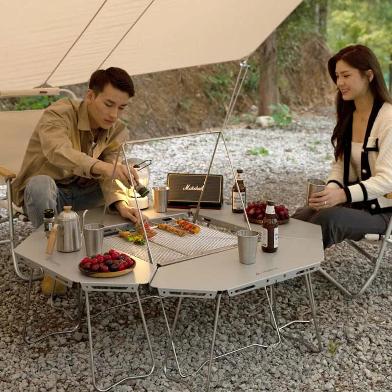 HOMFULOutdoor Stainless Steel Barbecue Campfire Table Camping Multifunctional Portable Foldable Splicing Combination Round Table