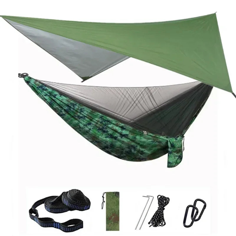 Camping Hammock with Mosquito Net and Rain Fly Tarp,Portable Parachute Tree Hammock Nylon Swing Hammocks Sun Shelter Rain Fly