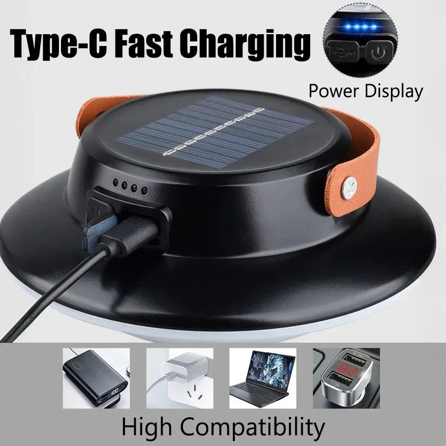 Solar Powered LED Camping Lamp USB Rechargeable Portable Lanterns Outdoor Tent Hanging Torch Emergency Home Repair Work Light