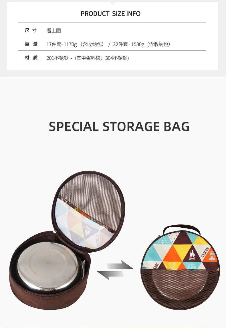 Camp Cooking Portable Dining Plate Set of 17/22 Outdoor Camping Tableware Self driving BBQ Plate Home Soup Pot Bowl Plate Set