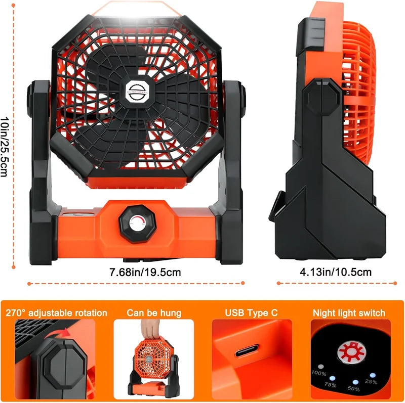 Camping Fan Rechargeable Portable Battery Operated Camping Fan for Tents,Hangable USB Silent Camping Fans with LED Light