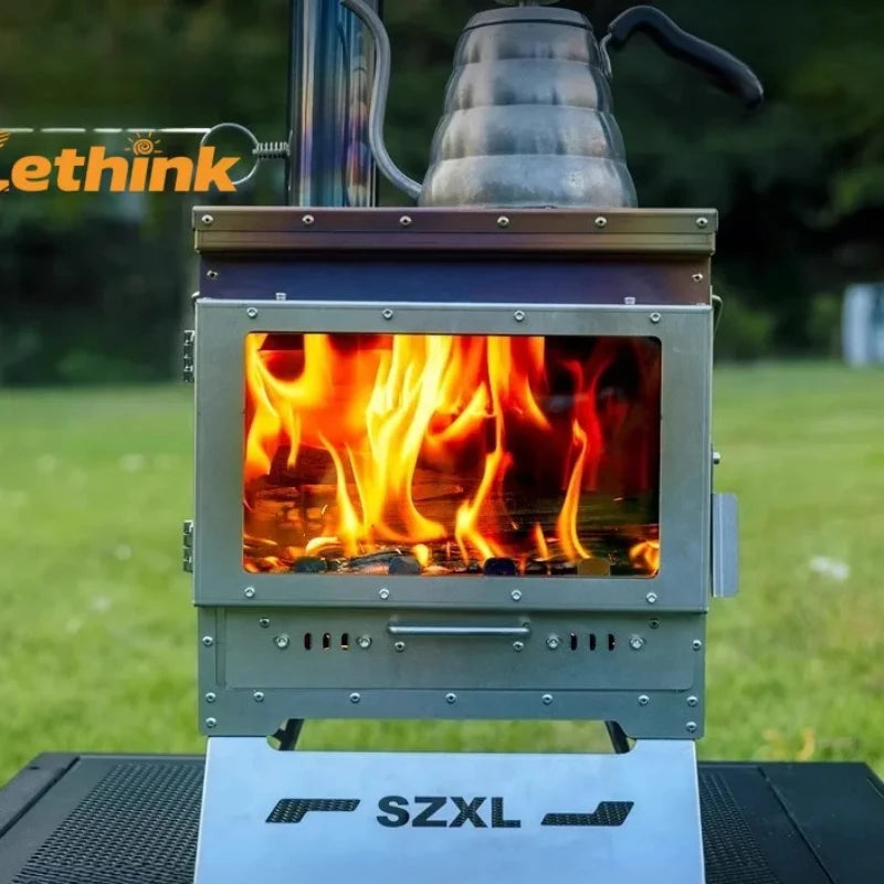 Camping Tent Stove Stainless Steel Smokeless Fireplace Secondary Burning Wood Stove Large Glass Window Firewood Heater