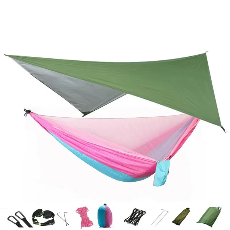 Camping Hammock with Mosquito Net and Rain Fly Tarp,Portable Parachute Tree Hammock Nylon Swing Hammocks Sun Shelter Rain Fly