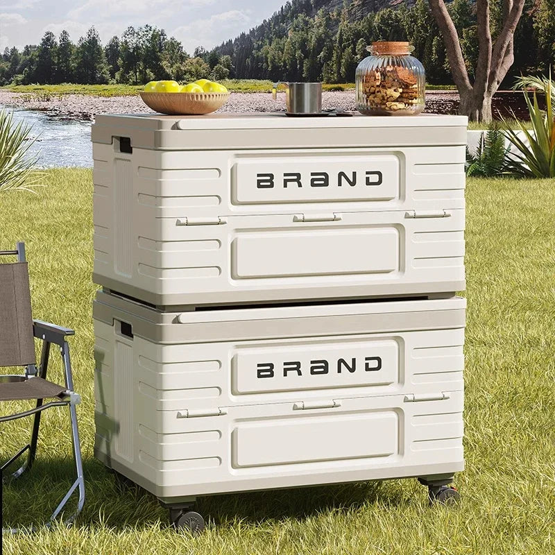 Camping Folding Box Outdoor Car Trunk Wooden Cover Camping Picnic Organizer Box Household Storage Storage Box with Wheels