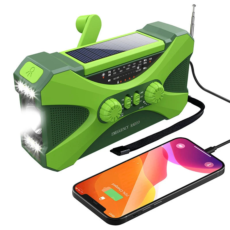 10000mAh Solar Power Bank Solar Crank Radio AM/FM Weather Alert Dual Stereo Speakers Phone Charger with LED Torch and SOS Alarm