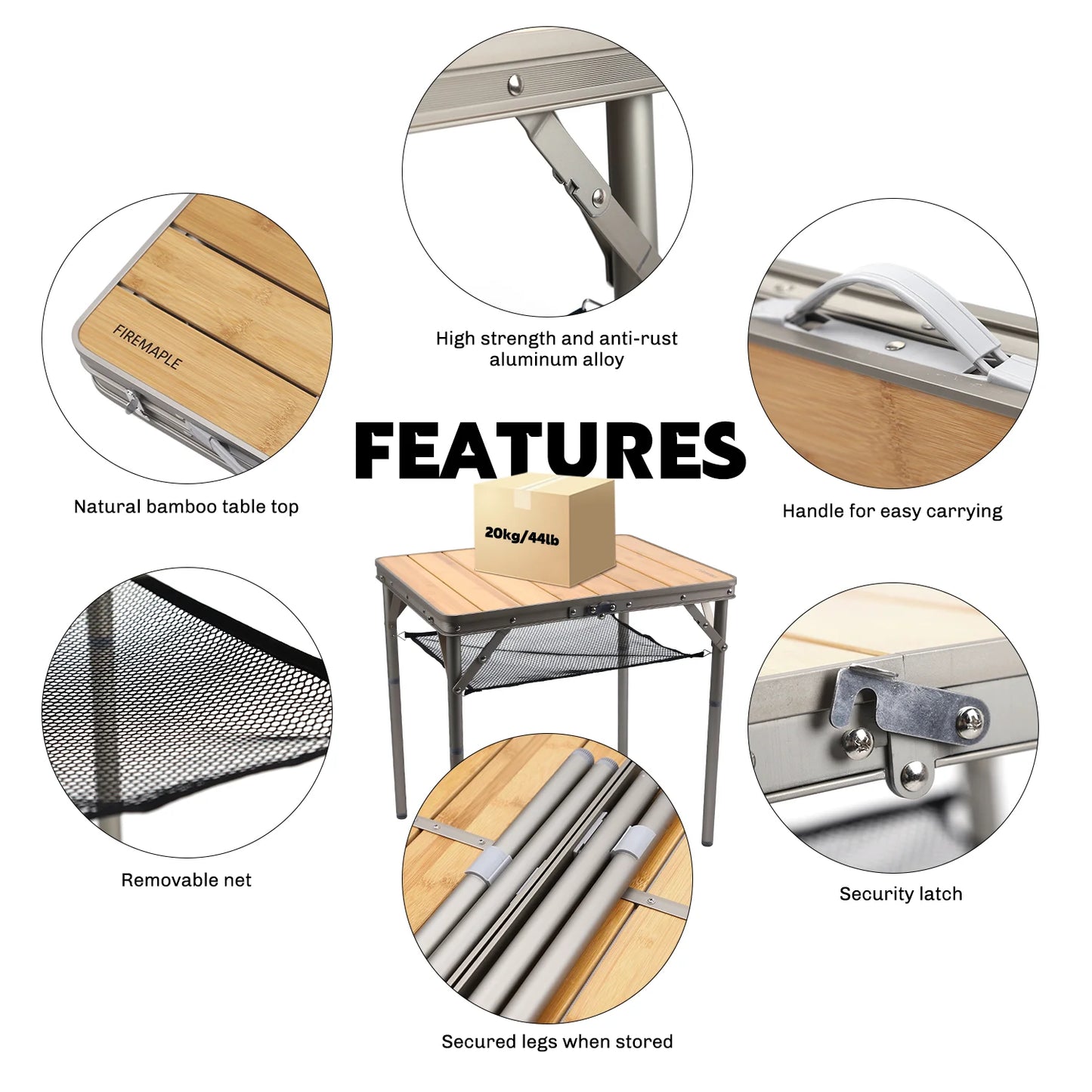 Fire Maple Dian Camping Table Portable Durable Bamboo Table Height Adjustable Compact Stable for Outdoor Picnic