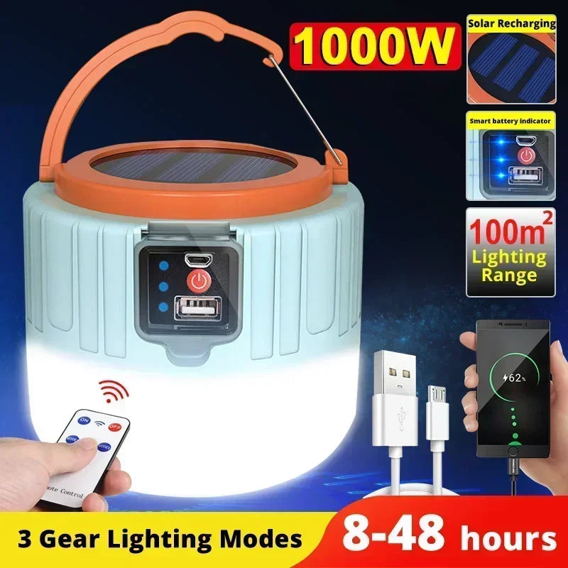 Solar Powered LED Camping Lamp USB Rechargeable Portable Lanterns Outdoor Tent Hanging Torch Emergency Home Repair Work Light