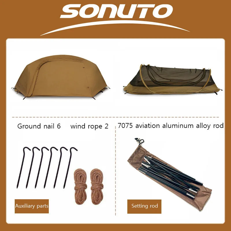 Sonuto-Camping Tent For Single Person Lightweight Nylon Tent Tactical Shelter With Mosquito Net Anti-Mosquito Waterproof Field