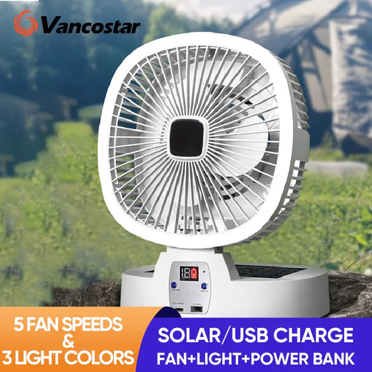 Outdoor Camping Fan Solar Power 5 Speeds Wireless Table LED Light Low Noise USB Chargeable Power Bank Home Portable Electric Fan