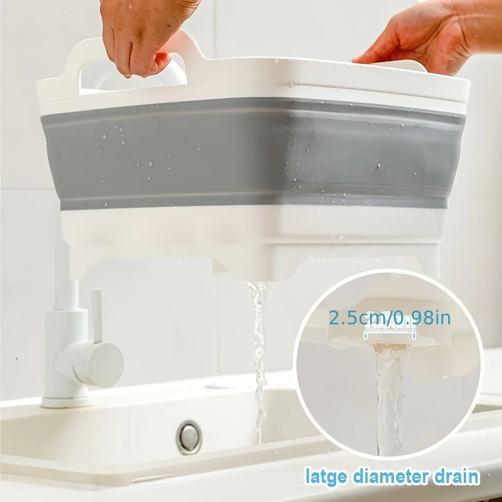 A portable water storage device designed for outdoor camping, equipped with drainage holes, foldable, vegetable washing basin