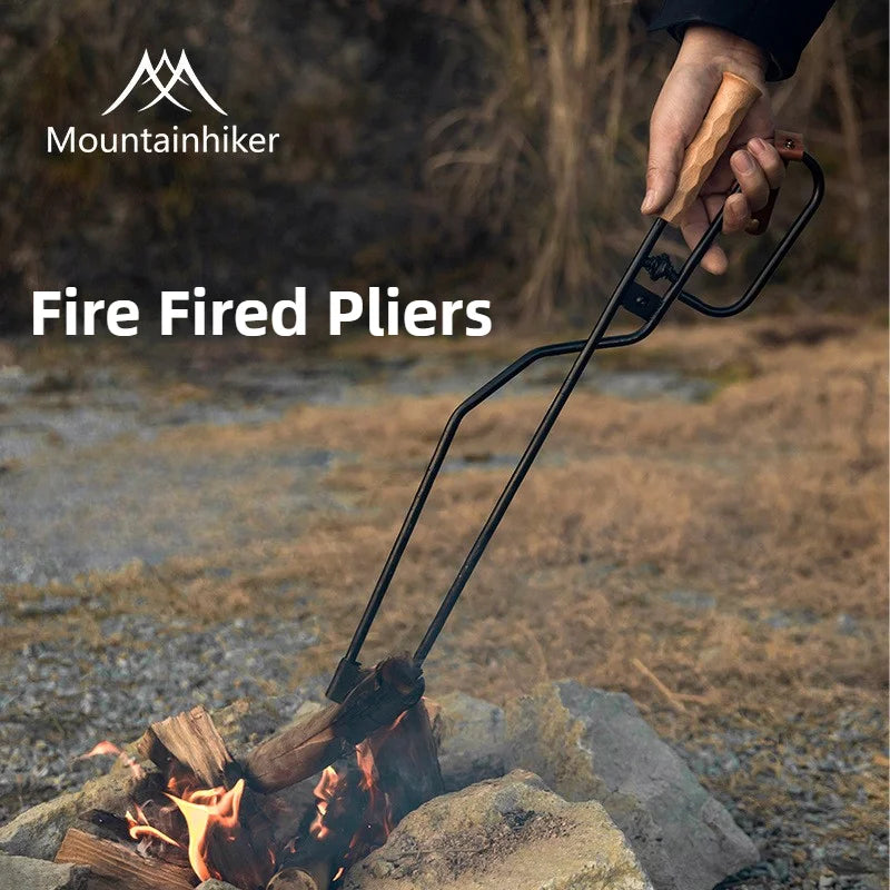 MOUNTAINHIKEOutdoor camping can be done by blowing fire barbecuing iron duck billed fire tongs solid wood handles charcoal clips
