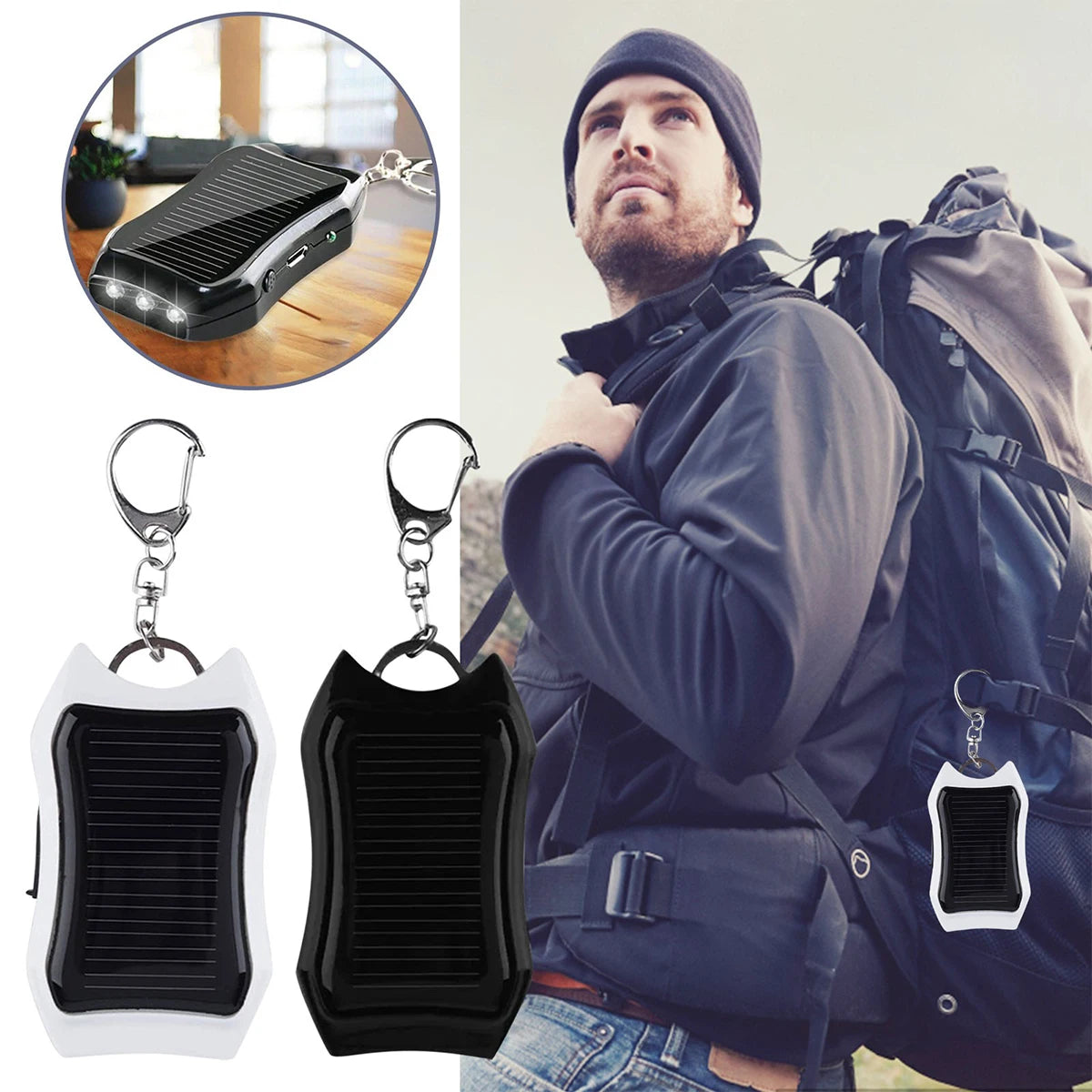 Solar Power Bank Keychain 1200mAh Portable Solar Keychain Charger with 3 LED Fast Charging Backup Power Bank For Cellphone MP3