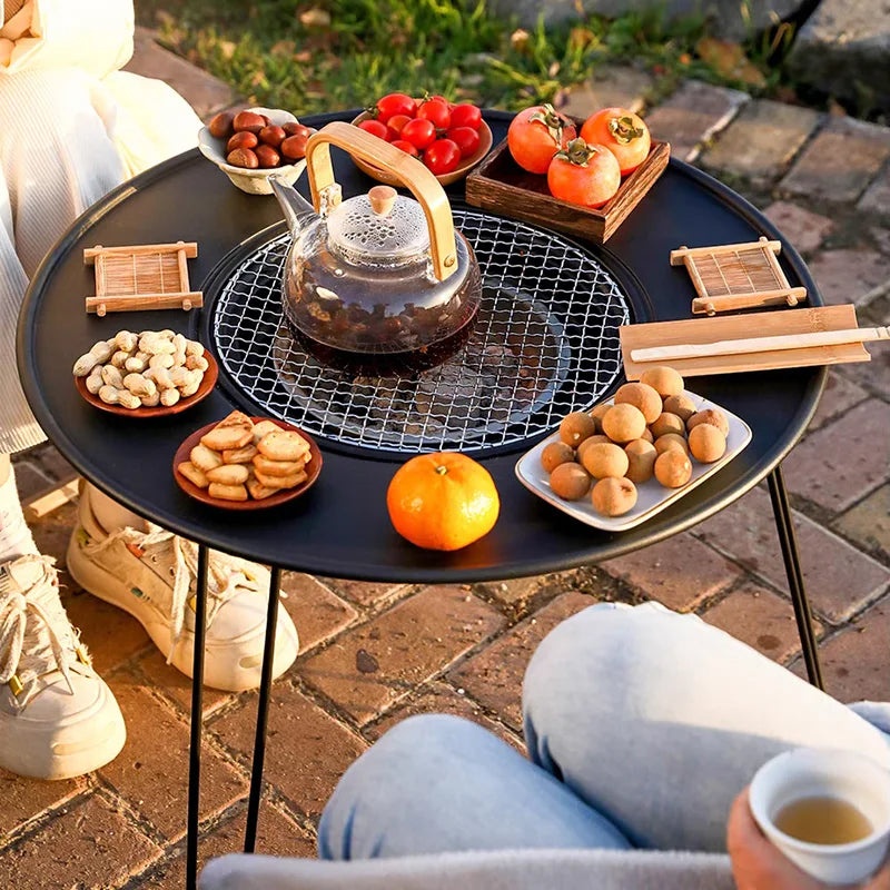 Portable foldable round table barbecue grill, smokeless barbecue grill, suitable for outdoor camping and party gatherings