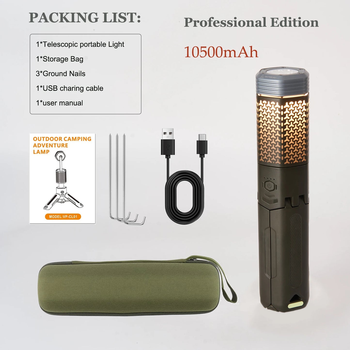 Telescopic Camping Light,Telescoping Portable Light，Rechargeable 10500mAh Battery,Magnetic Outdoor Lantern,Flash/  Road  Light