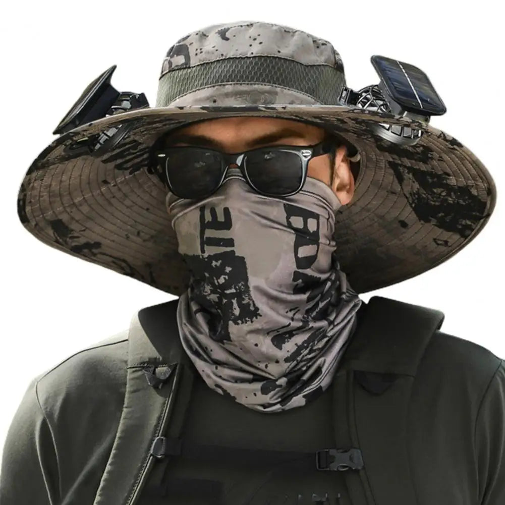 Solar Powered Cooling Hat Men Fisherman Hat Large Brim Windproof Strap USB Rechargeable Fan Hat Outdoor Fishing Camping Cap