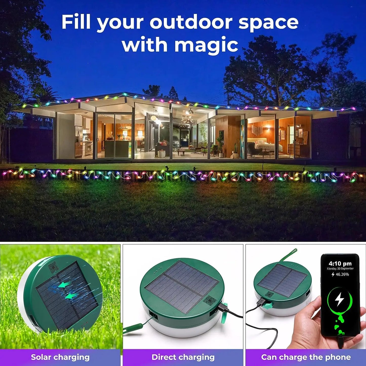 Solar Camping Lights LED Outdoor String Lights RGBIC USB Rechargeable with Storage Case APP IP65 for Camping Garden Christmas
