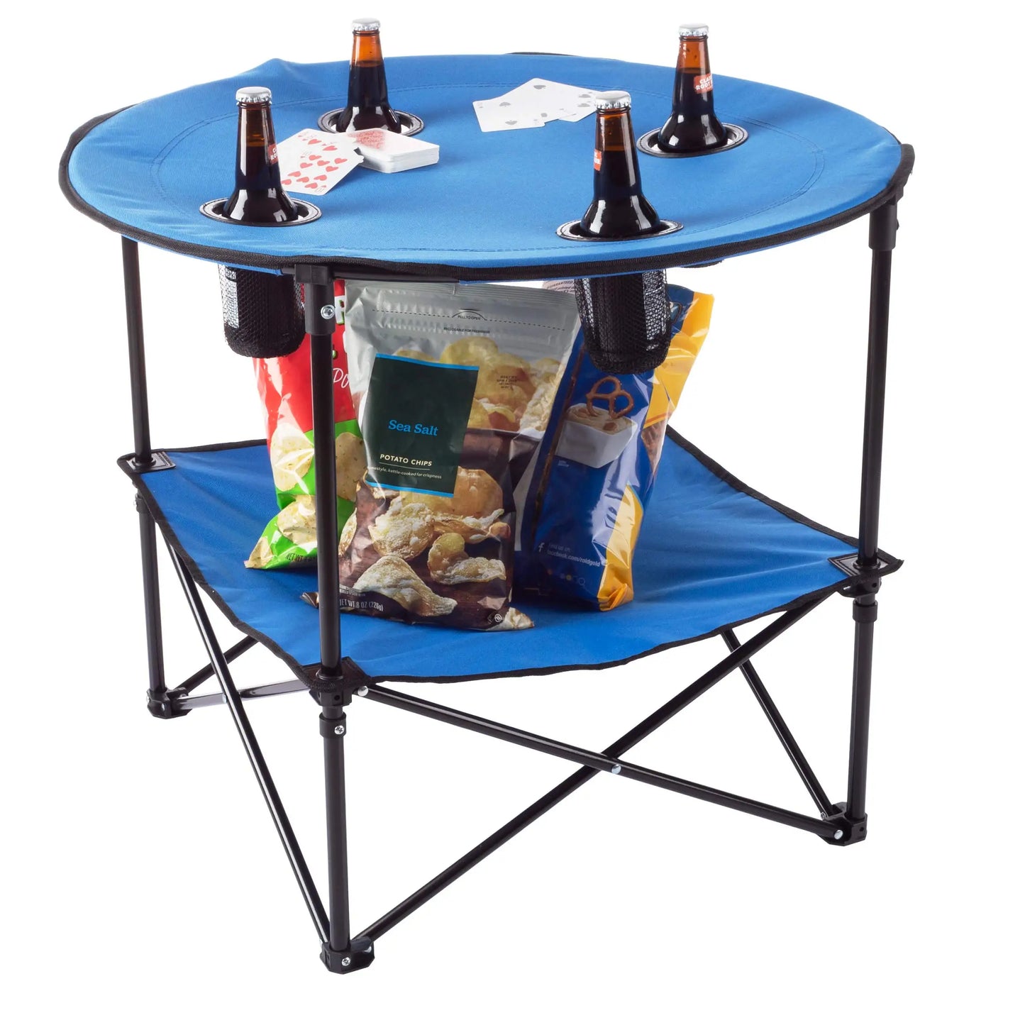 Camp Table Round 2-Tier Folding Table with 4 Cupholders and Carrying Bag for Camping, Beach and More Outdoors