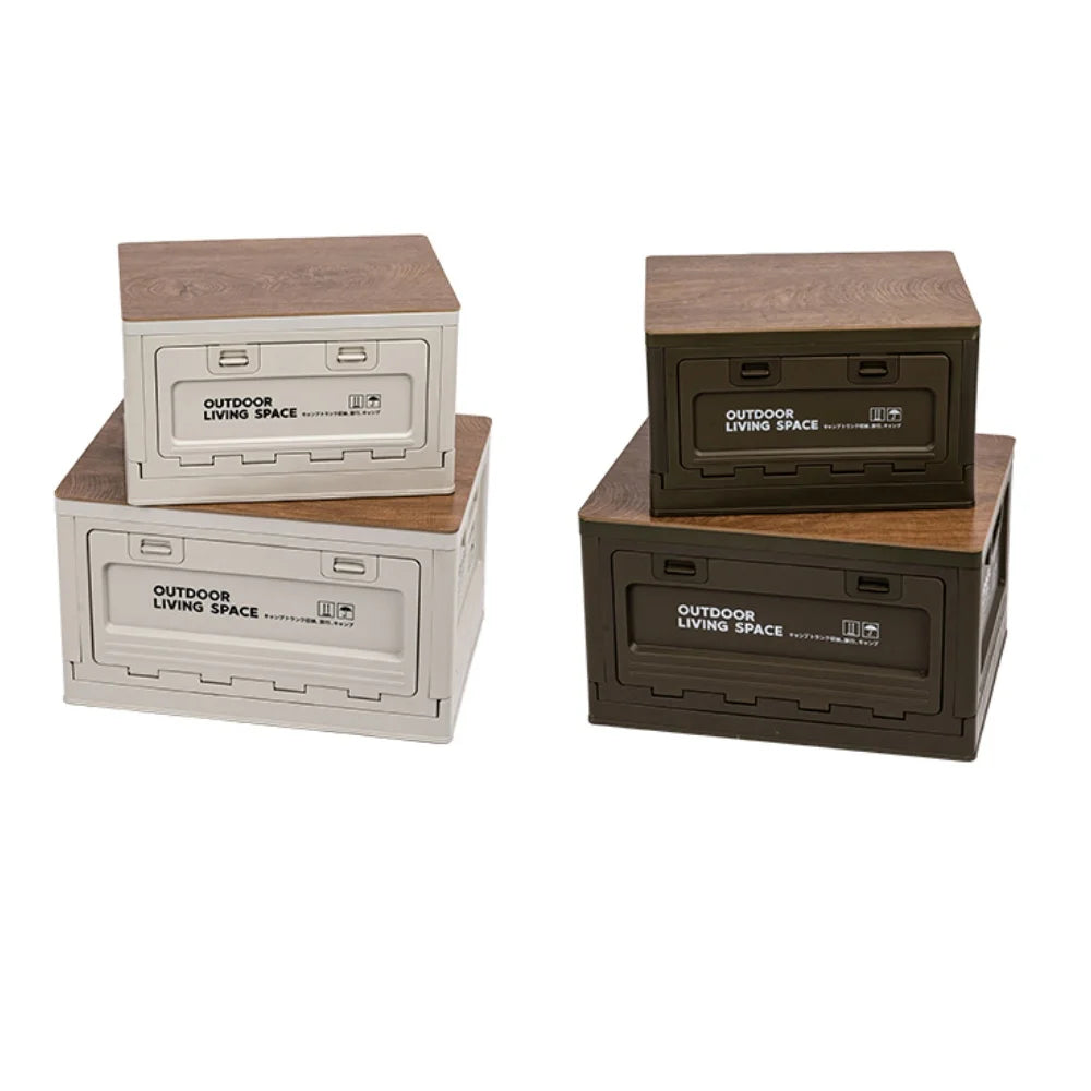 Storage Box, Outdoor Camping Foldable Storage Box with Wooden Lid Plastic Box