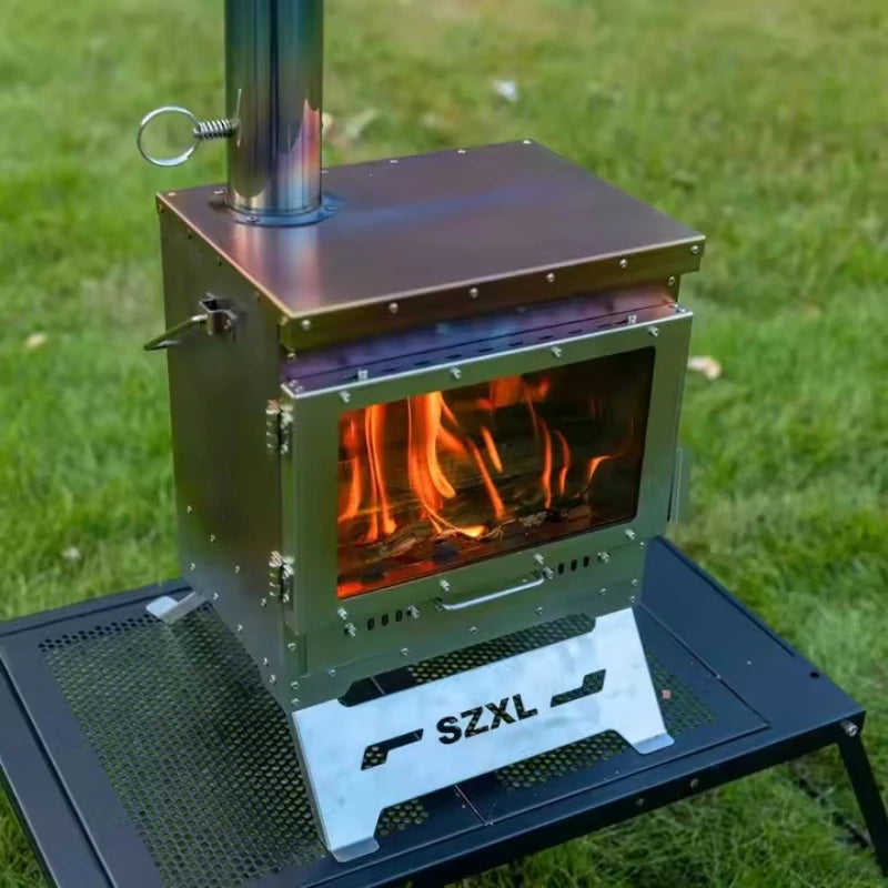 Camping Tent Stove Stainless Steel Smokeless Fireplace Secondary Burning Wood Stove Large Glass Window Firewood Heater