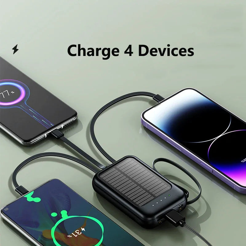 Solar Power Bank Built 4 Cables Portable Charger External Spare Battery Mini Powerbank with LED Light for IPhone Xiaomi Huawei