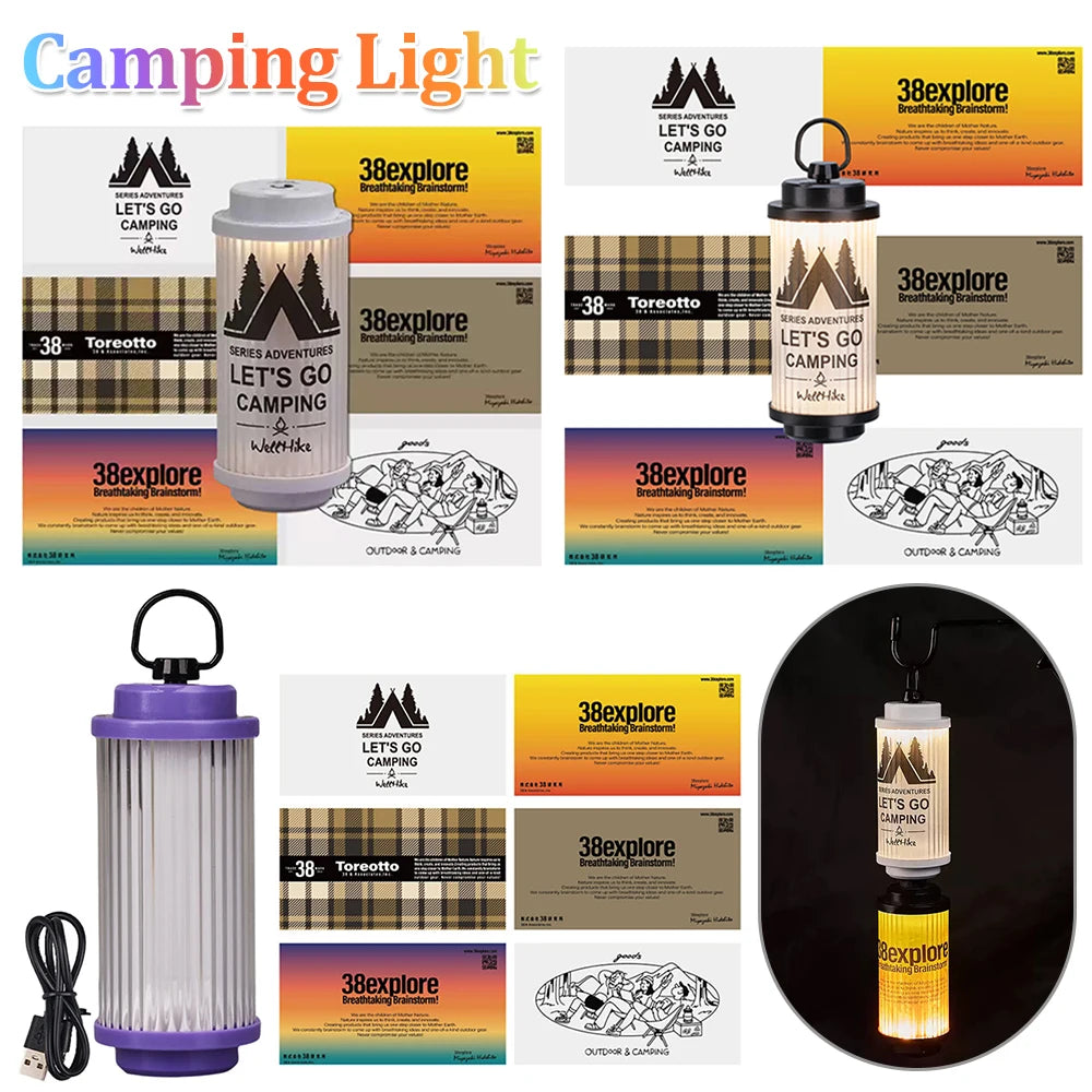 Camping Light LED Camping Lantern Type-C Rechargeable Stepless Dimmable Atmosphere Light with Magnetic Base for Camping Hiking