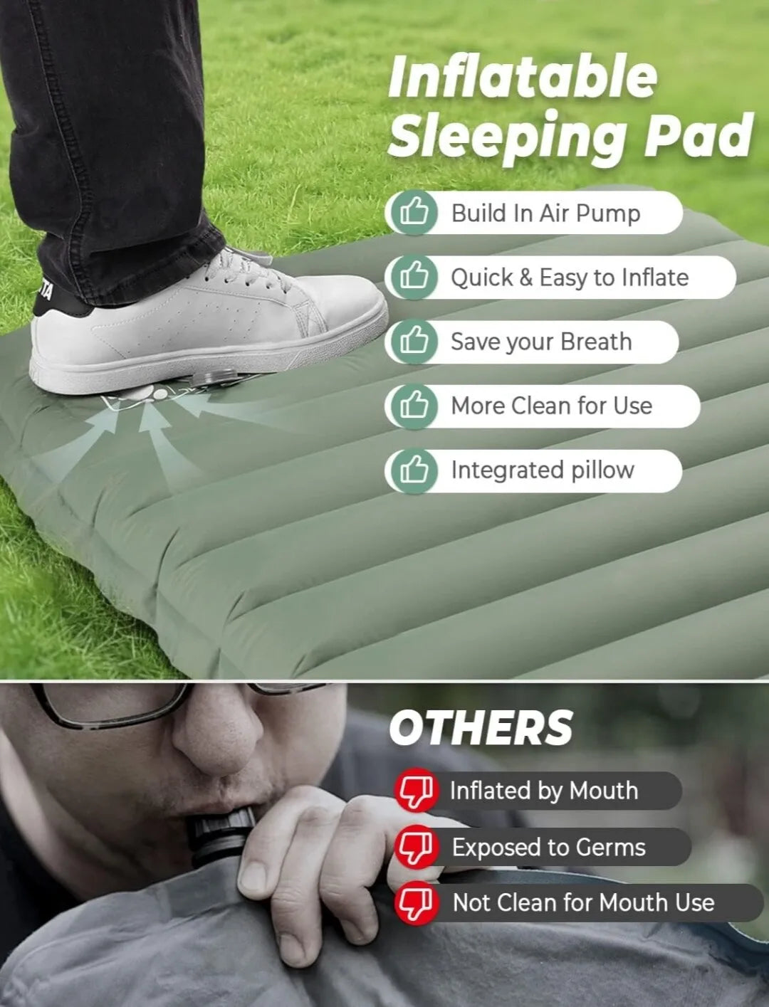 Ultra-Light Sleeping Mat 4" Thick Ultra-Light Self-Inflating Sleeping Mat for Camping, Beach Picnics &Outdoor Adventures Air Pad